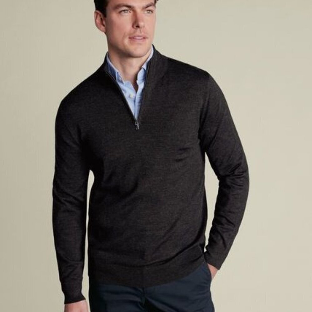 Pronto Uomo Charcoal Gray Half Zip Merino Extra Fine Wool Ribbed Knit Sweater Me